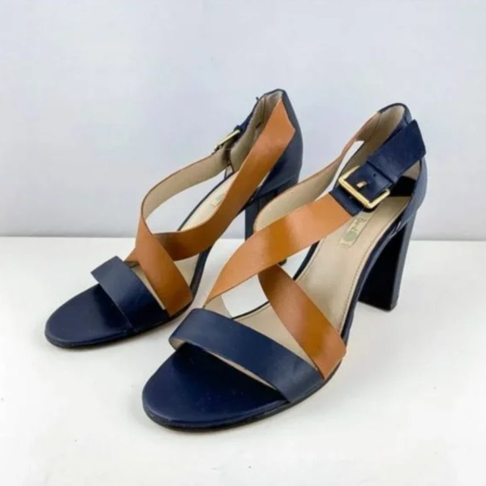 Boden Navy and Cognac Tan Sandal Block Heel EU Size 38 US 7